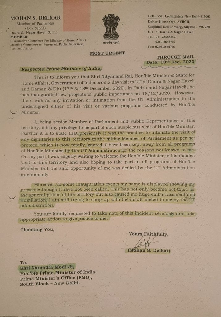 sachin_inc's tweet photo. Can we feel proud of our Democracy if we can't save our parliamentarian? MP #MohanDelkar knocked each door including our Prime Minister, HM &amp; Loksabha speaker. Why did Modi ji not help when he received two letters one on 18 Dec 2020 &amp; other on 31st Jan 2021? https://t.co/xthqWssS1A