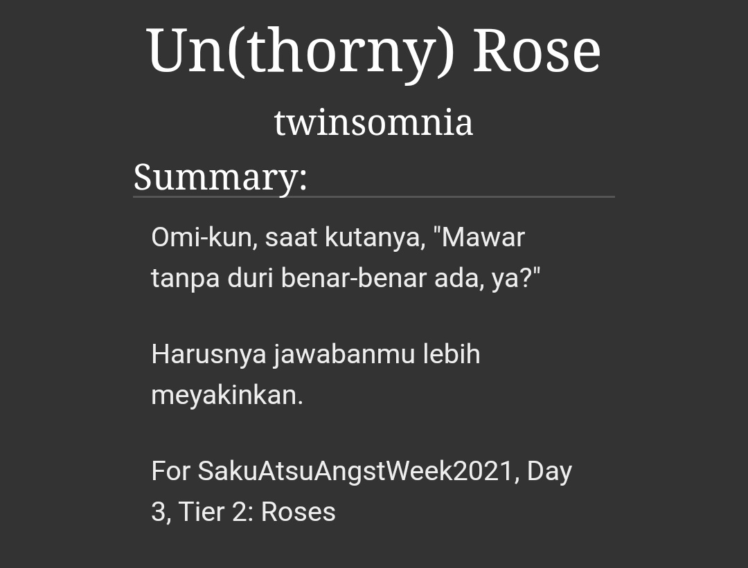 luckkeifirefly's tweet photo. So here's my little contribution for #SakuAtsuAngstWeek
@sktsangstweek21
Day 3, Tier 2: Roses

"Un(thorny) Rose" | 3,3k words | written in bahasa | tw // there's a little bit mention of blood | 
 https://t.co/lxZIlvOumi https://t.co/ew5sMvVpeW