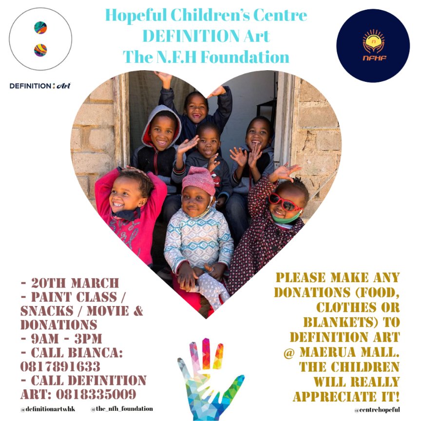 CentreHopeful's tweet photo. HELLO EVERYONE 👋🏿

On the 20th of March,
@def_art_whk  will invite 20 of our lovely children 😚😘 so that they can paint 🎨 create &amp; experience their art space in @maerua_mall 🇳🇦

#windhoek #namibia #charity #donate #namibiancharity #definitionart #hopefulchildrenscentre https://t.co/DFOVaYZQ8X
