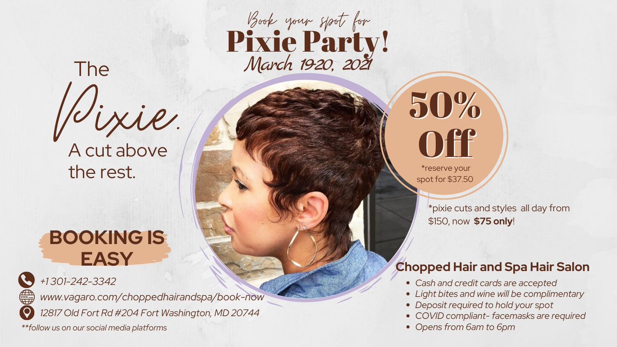 shesecochic's tweet image. Join us for a Pixie Party on March 19-20, 2021. Create your style with us for only $75!

Few slots left, don't wait any longer!

For booking➡️bit.ly/choppedbooking

#hairstylistdc #pixie360 #modernsalon #pixiecut