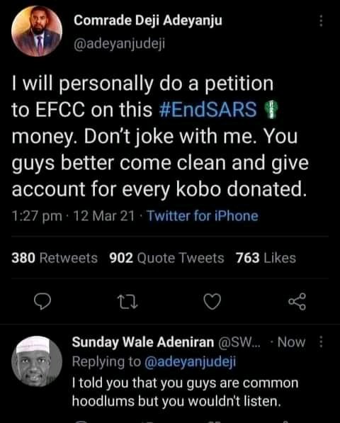 ForumPatriots's tweet photo. Where is the remaining money from endSARS? 
@SavvyRinu  come and explain this to us before EFCC comes for you .. https://t.co/OIeiVeYe1c