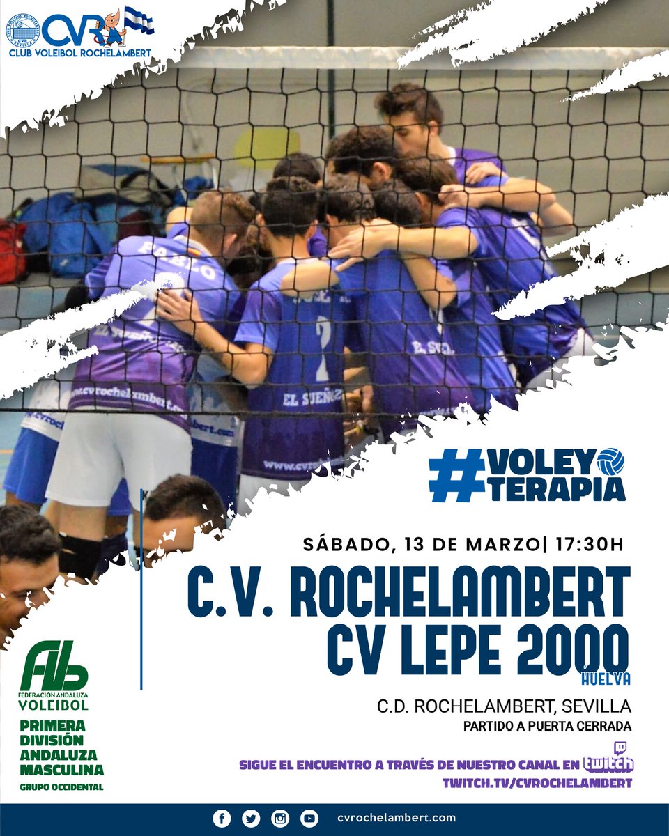 CVRochelambert's tweet photo. ❗ ¡HOY HAY PARTIDO! 💪

🏆 #PrimeraAndaluza

🔵 @CVRochelambert

🆚 @cvlepe2000

🏟 CD Rochelambert #Sevilla
 
⏰ 17:30h

🖥  https://t.co/cM53s2iypM

#⃣ 💙 #EscuelaCVR

#⃣ 🏐 #SomosVoleibol

#️⃣ 😉 #VoleyTerapia https://t.co/OQ9f6geQuY