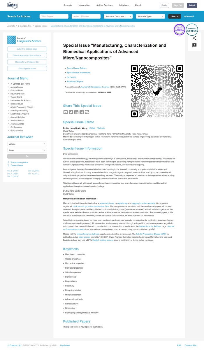 DrDexterWong1's tweet photo. I have been invited to be a guest editor of the recently established journal "Journal of Composite Science" under MDPI to handle a special issue "Manufacturing, Characterization and Biomedical Applications of Advanced Micro/Nanocomposites." https://t.co/yqhiw1MSHg