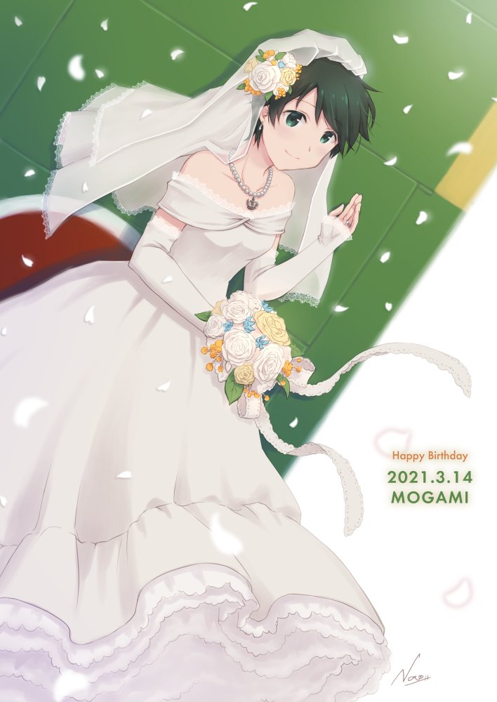 mogami (kancolle) 1girl jewelry solo dress wedding dress short hair veil  illustration images