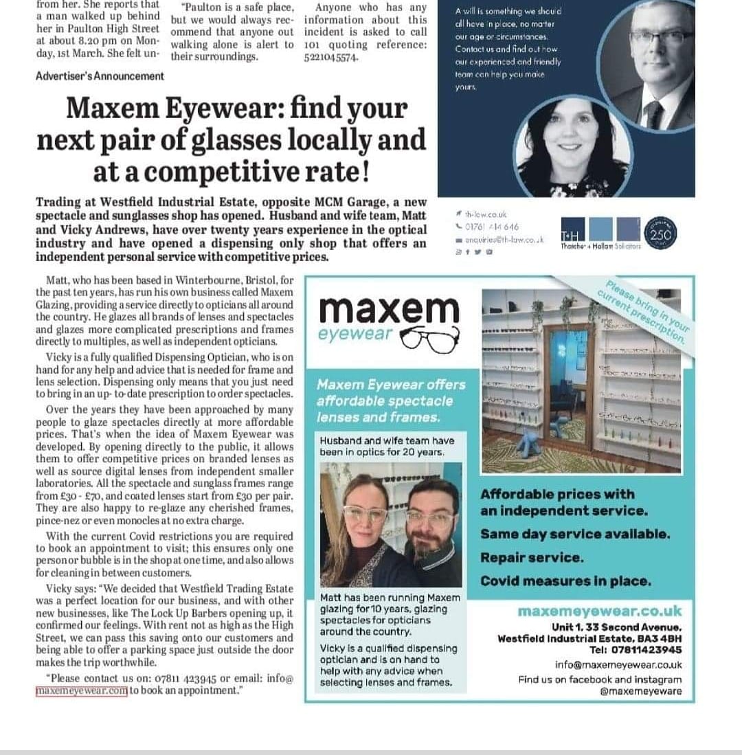 EyewearMaxem's tweet photo. Check us out in the local paper this week! #spectacles #sunglasses #DreamTeam https://t.co/zQENPj82HJ