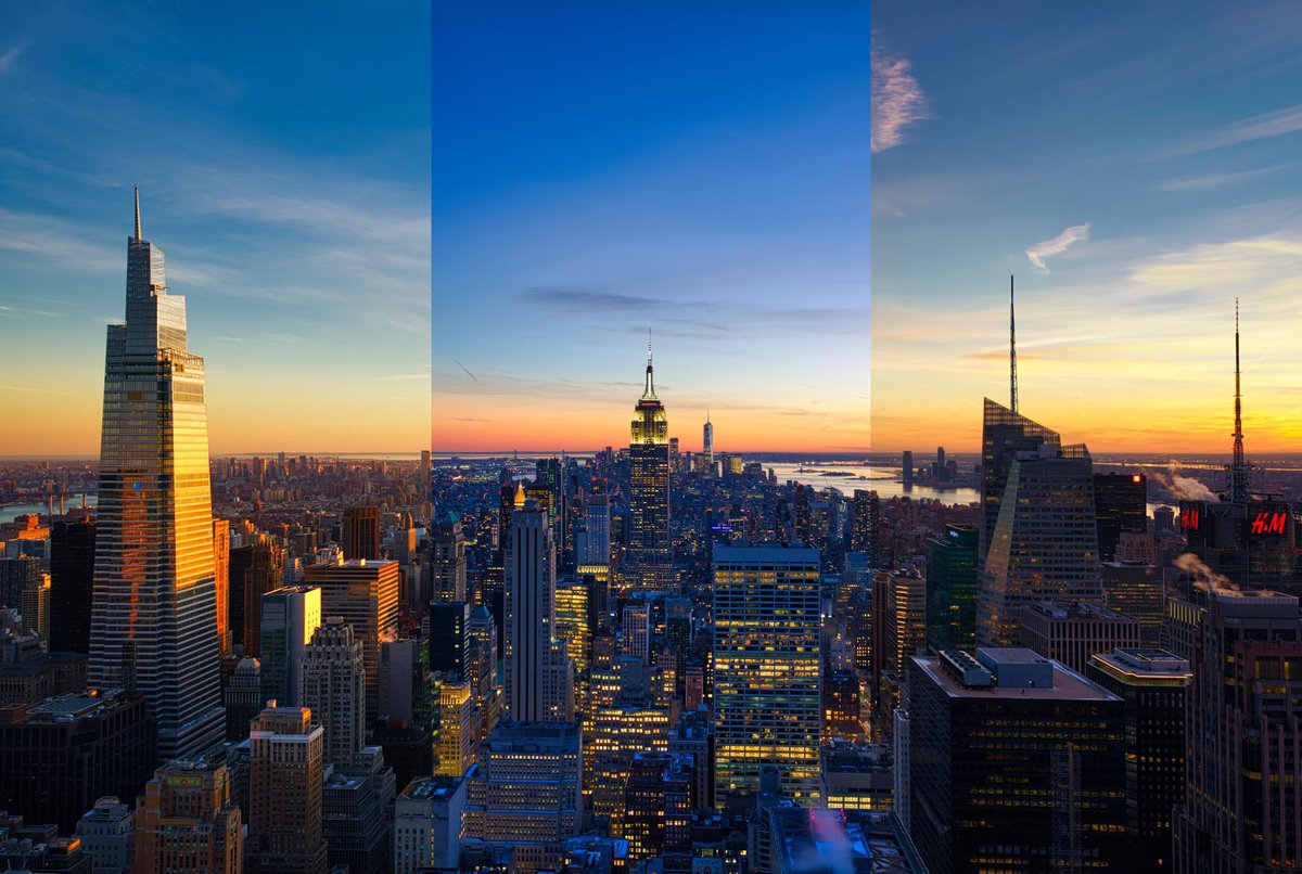 chocotuits's tweet image. Las tres fotografías fusionadas en una sola imagen. Pocas cosas tan espectaculares la transformación de Manhattan cuando cae el sol.