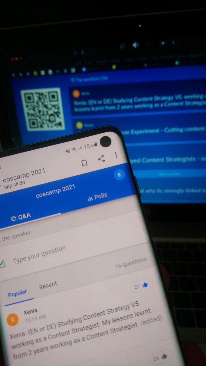Multi device and multichannel experience gather.town, Zoom and Slido. Via Smartphone and Laptop (picture taken with a second Smartphone). 🤣#coscamp #lifeofcontentstrategists