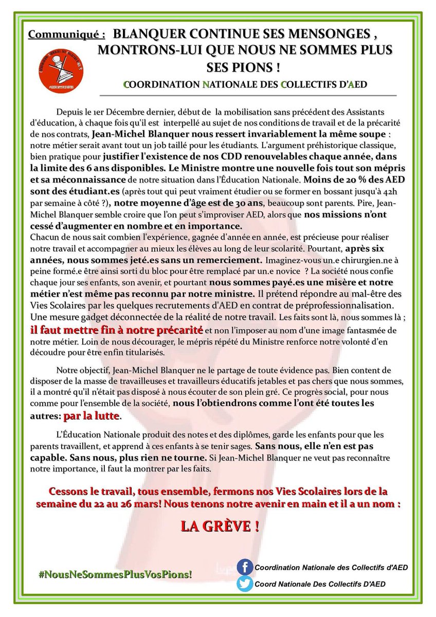 [COMMUNIQUÉ] Que ce soit à l'Assemblée ou dans les courriers qu'il envoie aux députés qui le sollicitent, Blanquer n'en démord pas et tourne en boucle: pour lui être AED n'est qu'un job étudiant passager...
On lui donne rendez-vous le 22 mars !

#NousNeSommesPlusVosPions