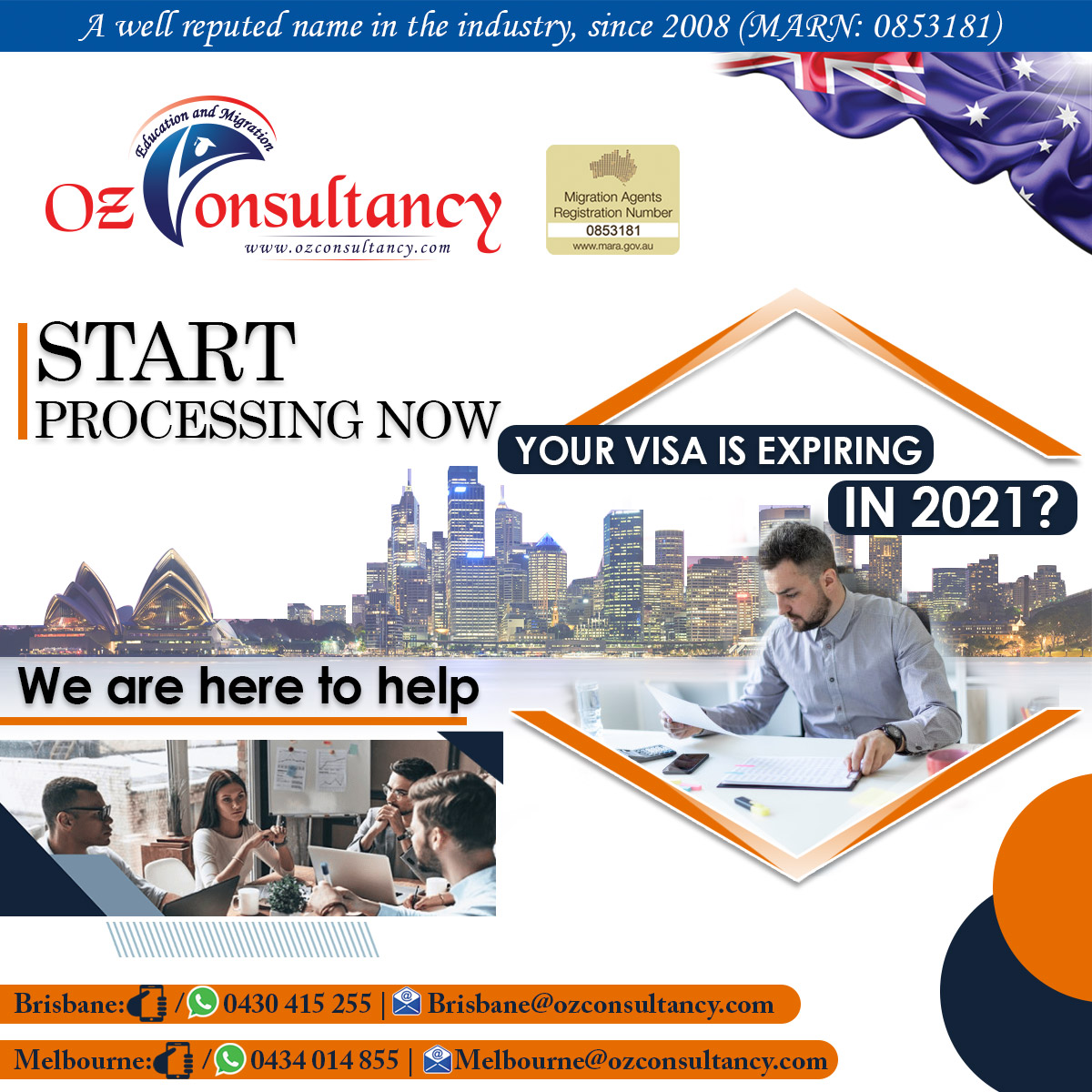 Worried about Visa Expiring soon in 2021? 
Let us help you with professional hands 🛃

Join OZ Consultancy! Make us your journey partner and Study/Live/Work freely in Australia.

📞 Call/Whatsapp: +61 434 014 855
📞 Call/Whatsapp: +61 401 907 065
Landline Number: +61 3 9329 9392