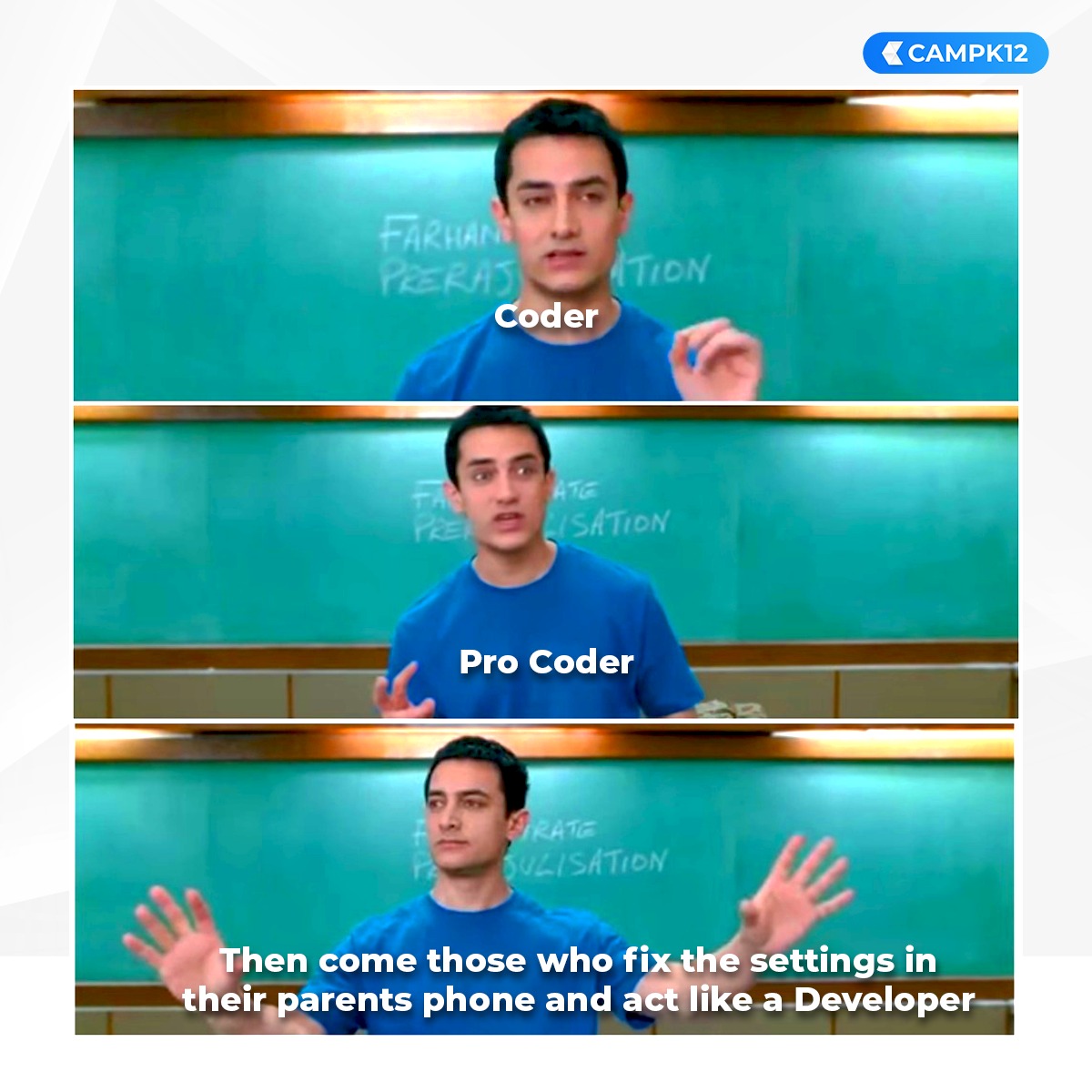 CampK12's tweet image. Which category do you fall under? 😋
_________
Tag a friend who would relate to this meme!
#codingismylife #bollymemes #3idiots #memesdaily #tagsomeone #bollywoodstyle #codingmemes #developerslife #funnymeme