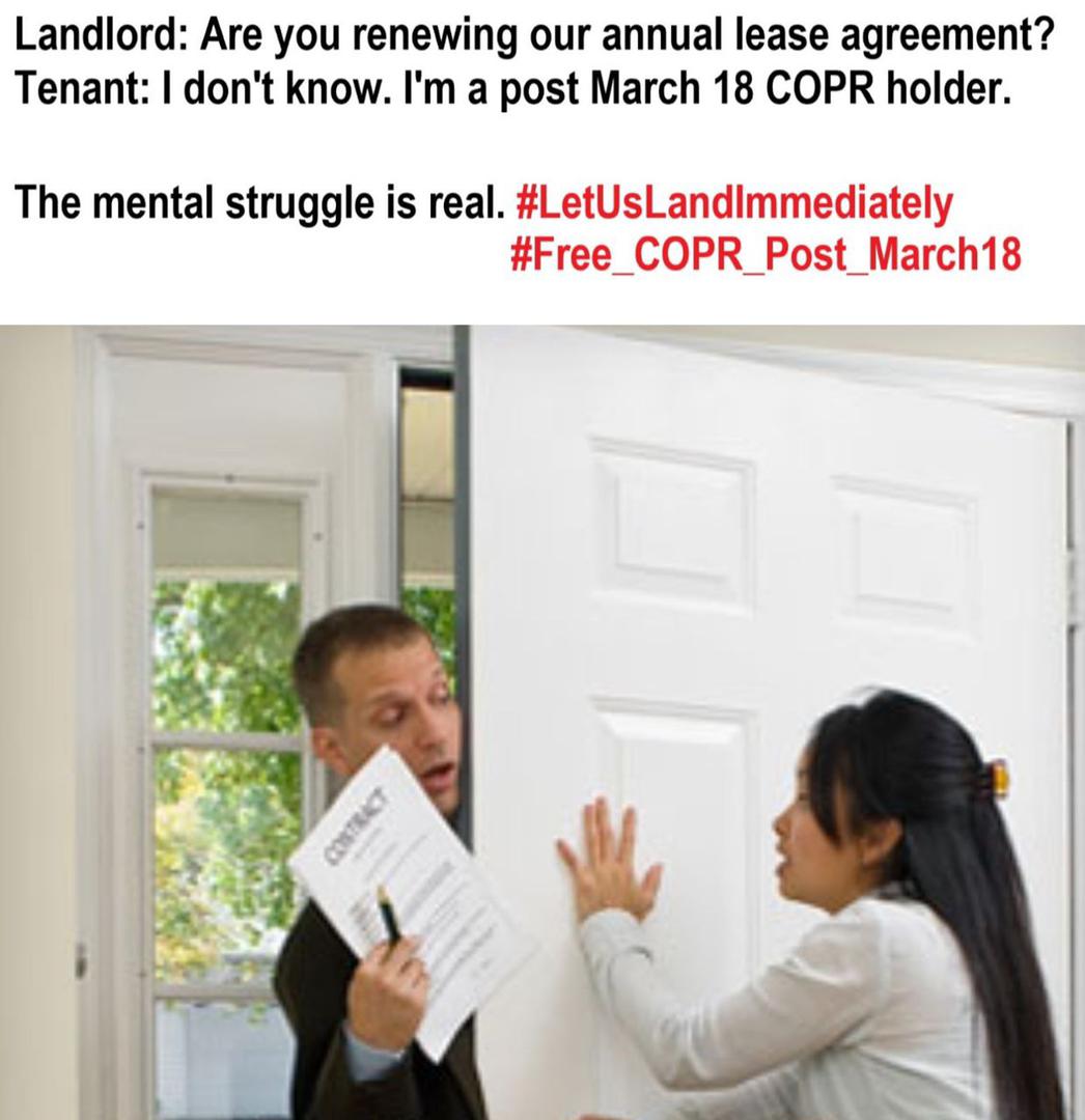 COPRPOSTMARCH18's tweet photo. The mental struggle we've been through over the past 361 days is unbearable. All we want is clear plans to exempt immigrant visa holders post March18 from the travel ban. We want our lives back @CitImmCanada @marcomendicino

#Free_COPR_Post_March18 
#Canada_immigrationvisa https://t.co/8I5clVLpCK