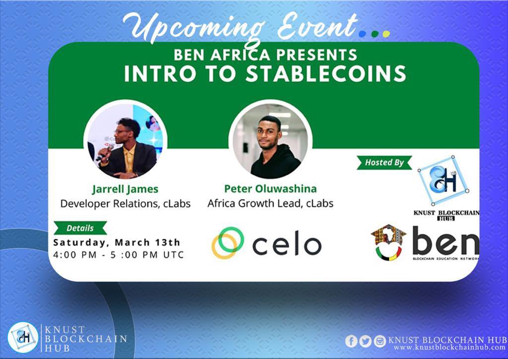 KnustBlockchain's tweet photo. It’s TODAY! Join us at 4:00pm UTC as we host @CeloOrg to talk about Intro to stable coins. Powered by @BlockchainEdu  registration link: https://t.co/4HsXIzbsi1    #blockchain #cryptocurrency #stablecoins https://t.co/I7e3dC7lix