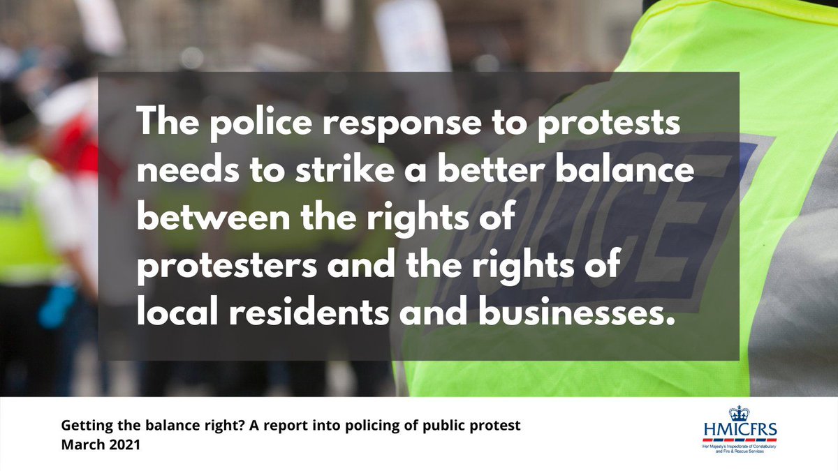 HMICFRS's tweet photo. ICYMI: Last week we published our report on how effectively the police manage protests.
Read the report here: https://t.co/f0913OuCgt
#PublicOrder #RightToProtest #GettingTheBalanceRight https://t.co/gkh2s62MPJ