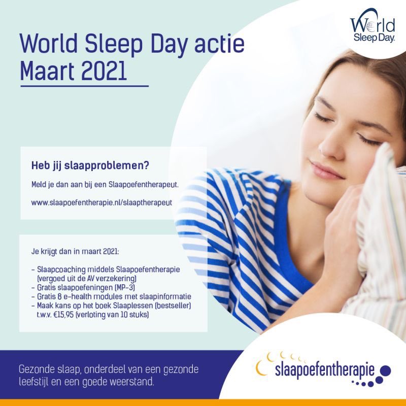Maart is de Slaap-actie-maand.
#WorldSleepDay is daar een voorbeeld van. Heb je #slaapproblemen en wil je hulp? Meld je dan in maart aan bij een Slaapoefentherapeut!! Je krijgt dan gratis extra #slaaphulp en #slaaptips