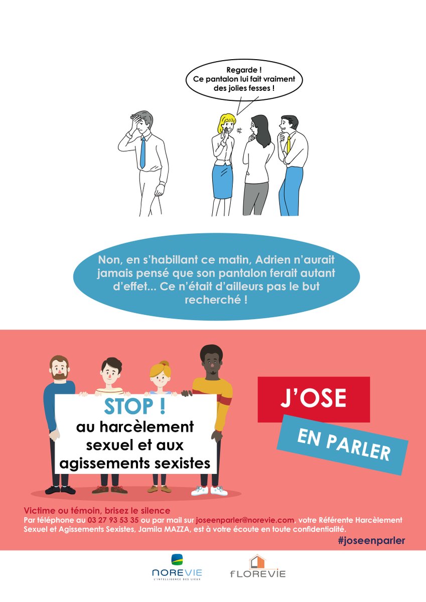 Norevie_esh's tweet photo. [J’ose en parler #4 > Non au jugement vestimentaire !]
Tout au long de la semaine, découvrez notre campagne de communication interne illustrant l'engagement de Norevie et Florevie contre le harcèlement et les agissements sexistes.
#joseenparler #harcelement 

@Groupe_Arcade https://t.co/oVYYrtNgWe