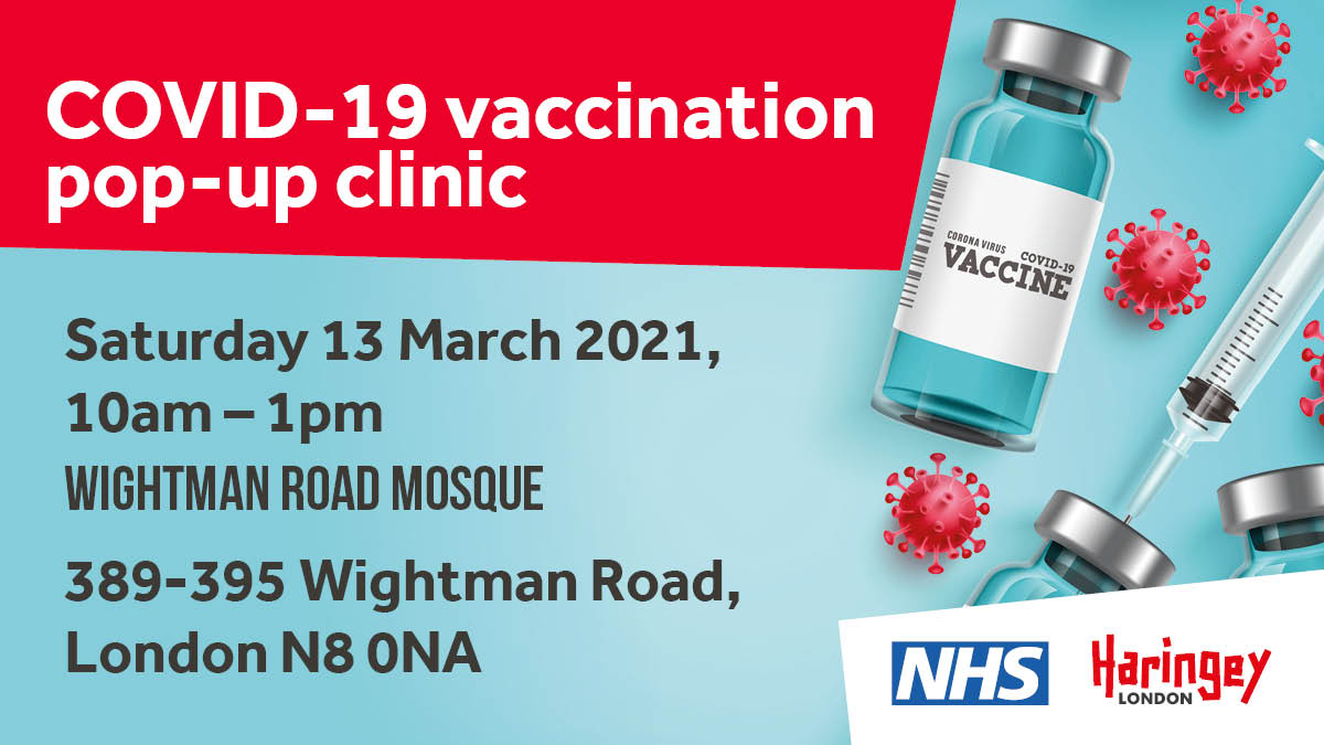 📢 There’s a #COVIDVaccine pop-up clinic right now at Wightman Road Mosque #N8 for anyone 50 years+. So, if you can't attend appointments during the week, or you're still a bit unsure about the vaccine, then please drop in 👍 More info ➡️ bit.ly/3bDiTVp
#KeepHaringeySafe