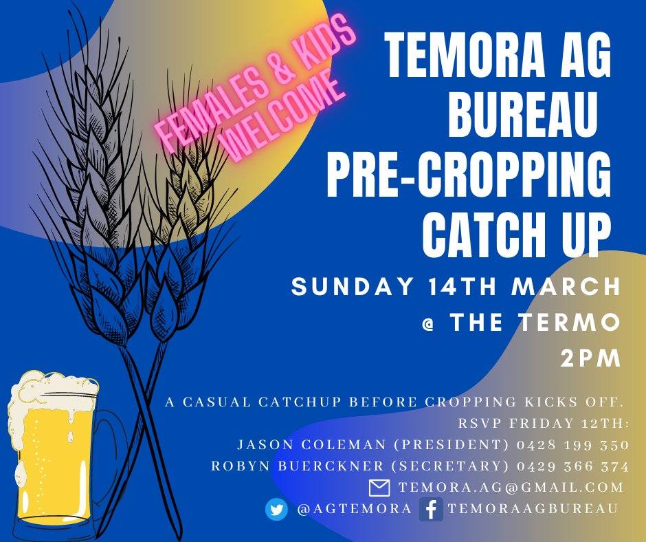 REMINDER - PRE-CROPPING BEERS @ TERMO <a href="/2PM/">Two O'clock</a> JUST SHOW UP FOR A CATCH UP BEFORE SOWING STARTS. ALL WELCOME> BRING THE FAMILY <a href="/Buerckner_P/">Paul Buerckner</a>  <a href="/buerckner_robyn/">Robyn Buerckner</a>  <a href="/1jasoncoleman/">Jason Coleman</a>