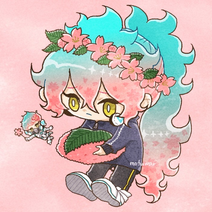 chibi long hair male focus pants pink flower flower yellow eyes  illustration images