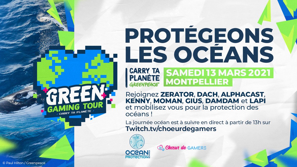 Le #GreenGamingTour avec <a href="/choeurdegamers/">💗 Choeur de Gamers & Co' 💗</a>, c’est aujourd’hui à 13h! On va parler de la protection des océans avec @Chartier_Fr, chargé de campagne Océans <a href="/greenpeacefr/">Greenpeace France</a>, suivie d'une cleanwalk, donation goal du <a href="/ZEventfr/">ZEVENT</a> de <a href="/ZeratoR/">ZeratoR</a> en direct près de Montpellier ! #CarryTaPlanète