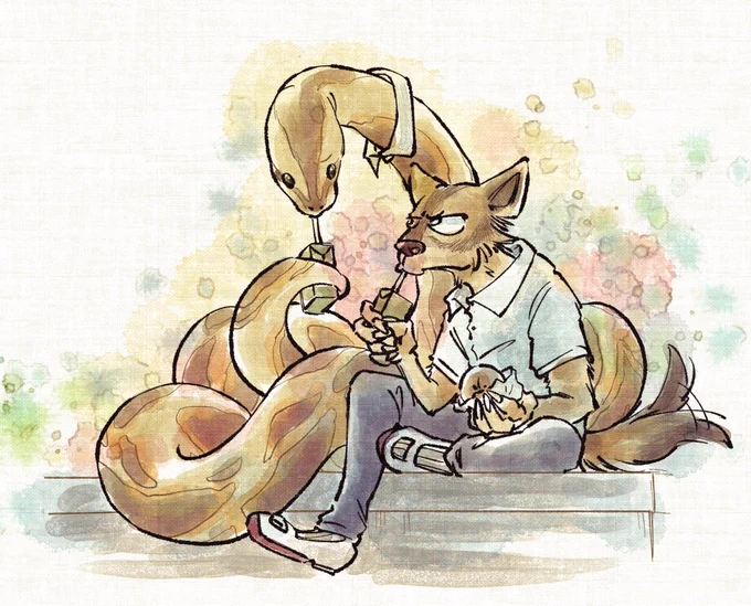 「ニシキヘビとハイエナ」
屋上でお昼するぐらいになれば良いね。
🐍もう少し食べたほうが良いよ
🐕太らせたほうが食いでが良いもんな
🐍ここでぐらい憎まれ口やめたら?
#BEASTCOMPLEX 