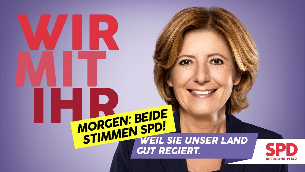 Wer Malu #Dreyer will, muss SPD wählen! Deshalb morgen: Beide Stimmen für die SPD. Damit Rheinland-Pfalz stark, sozial und weltoffen bleibt. ❤️ #WirMitIhr
