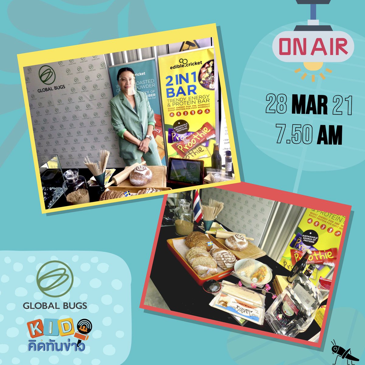 global_bugs's tweet photo. Want to know more about Global Bugs and cricket-based products? Global Bugs will be featured in the 10-minute Thai PBS program (in Thai only) for children with inquisitive minds. Come see us live at https://t.co/uJPadwRFxT on March 28 at 7.50 AM. #ediblecricket #cricketfarm https://t.co/f3MUQYOldn