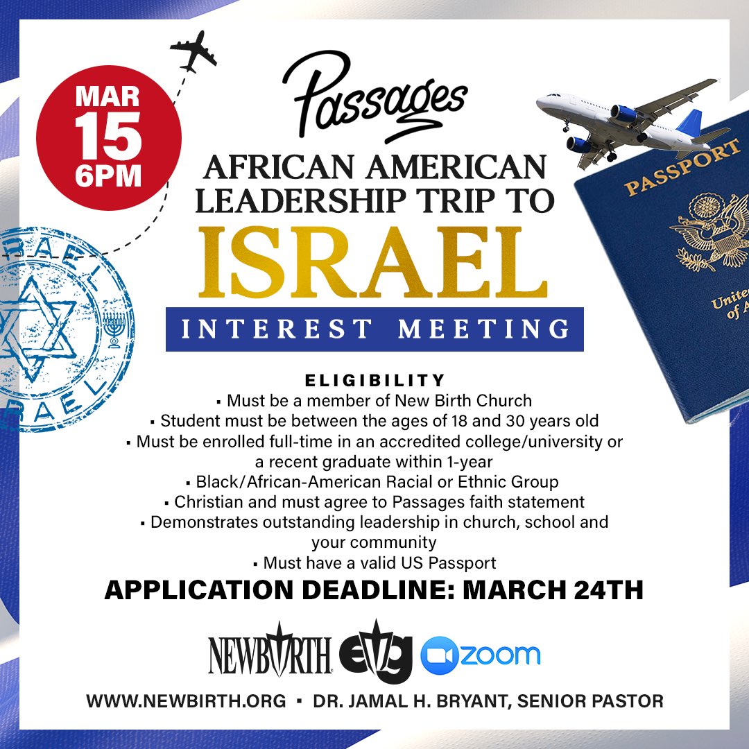 newbirthmbc's tweet photo. Millennials Do you want to travel to Israel? We’re hosting an interest meeting on March 15th at 6PM.
Application deadline is March 24th
Sign up at https://t.co/0dB1FzTHPD or click the link in Bio “Millennial + Israel
#newbirthnow #israel #emerginggenerations @jamalhbryant https://t.co/bzO3OBuVXr