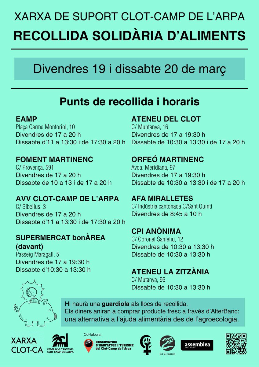 Xarxa_Clot_Ca's tweet photo. Torna la recollida d'aliments solidària del barri. No deixem a ningú endarrere!
Teniu el cartell amb els productes més necessaris i els col·lectius i entitats que participaran de la recollida. #SuportMutu https://t.co/NWmouyqCpX