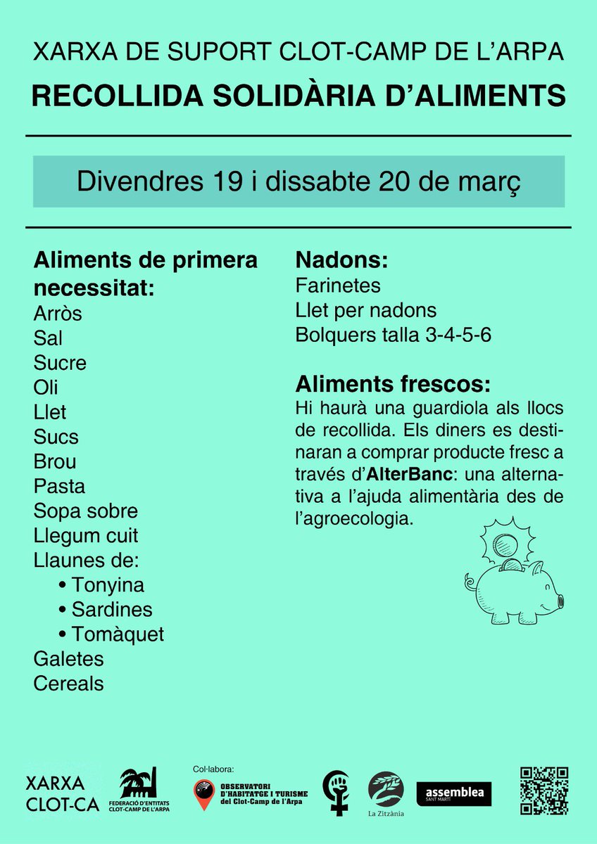 Xarxa_Clot_Ca's tweet photo. Torna la recollida d'aliments solidària del barri. No deixem a ningú endarrere!
Teniu el cartell amb els productes més necessaris i els col·lectius i entitats que participaran de la recollida. #SuportMutu https://t.co/NWmouyqCpX