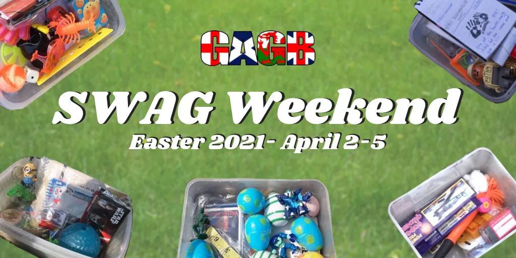 TheGAGB's tweet image. Weekend April 2nd – 5th. We encourage you to fill the small/regular/large caches you find with plenty of SWAG.
You will earn a special badge for your geocaching profile.  Message us a photo of any geocache that you have helped. 
Click this link for details gagb.org.uk/swag-weekend.p…