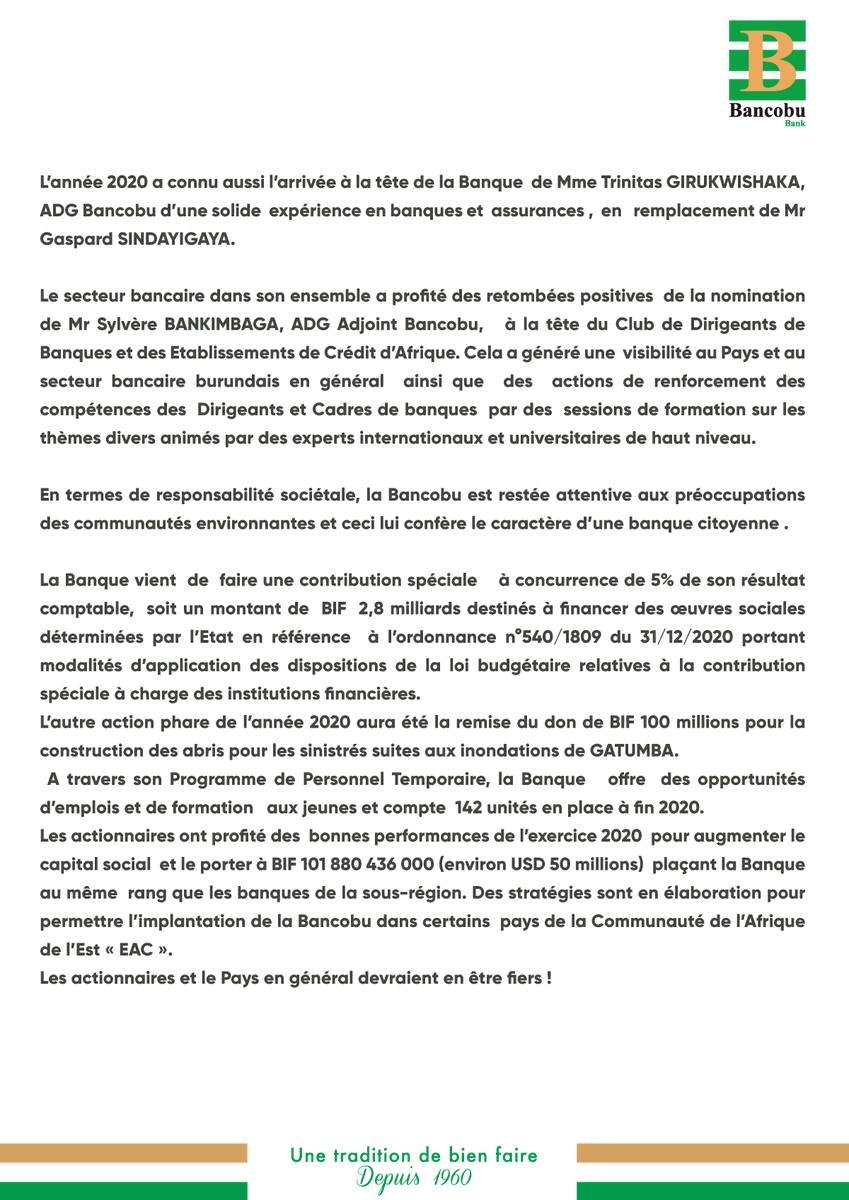 bancobu's tweet photo. COMMUNIQUE DE PRESSE

LA BANCOBU CLOTURE SON 61ième EXERCICE SOCIAL AVEC PRES DE 1000 MILLIARDS DE TOTAL DE BILAN, 100 MILLIARDS DE PNB  ET FIXE SON CAPITAL SOCIAL A PLUS DE BIF 100 MILLIARDS.

#unetraditiondebienfaire #bancobu #banqueleader #innovation #Burundi https://t.co/DCErisl2tK