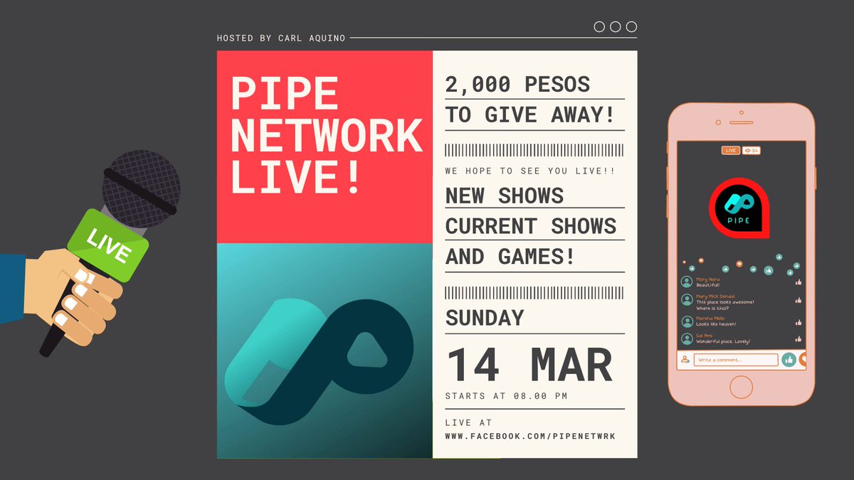 pipenetwork321's tweet photo. Come one, come all to our very first PIPE NETWORK LIVE! 2000 pesos will be given away! 8pm onwards only on Facebook live!
#pipenetwork #cnld #huntahannights #madinmanila #thepisaratales #therajivshow #pleasepausepodcast  #3amavenue #mabuhaimaxima #mtgshow #reflushed #fartspod https://t.co/hXEwiBDIxn
