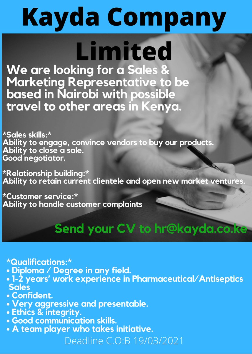 Davydinda's tweet photo. Sales and Marketing representatives needed #IkoKaziKE https://t.co/UFupXXBlOa