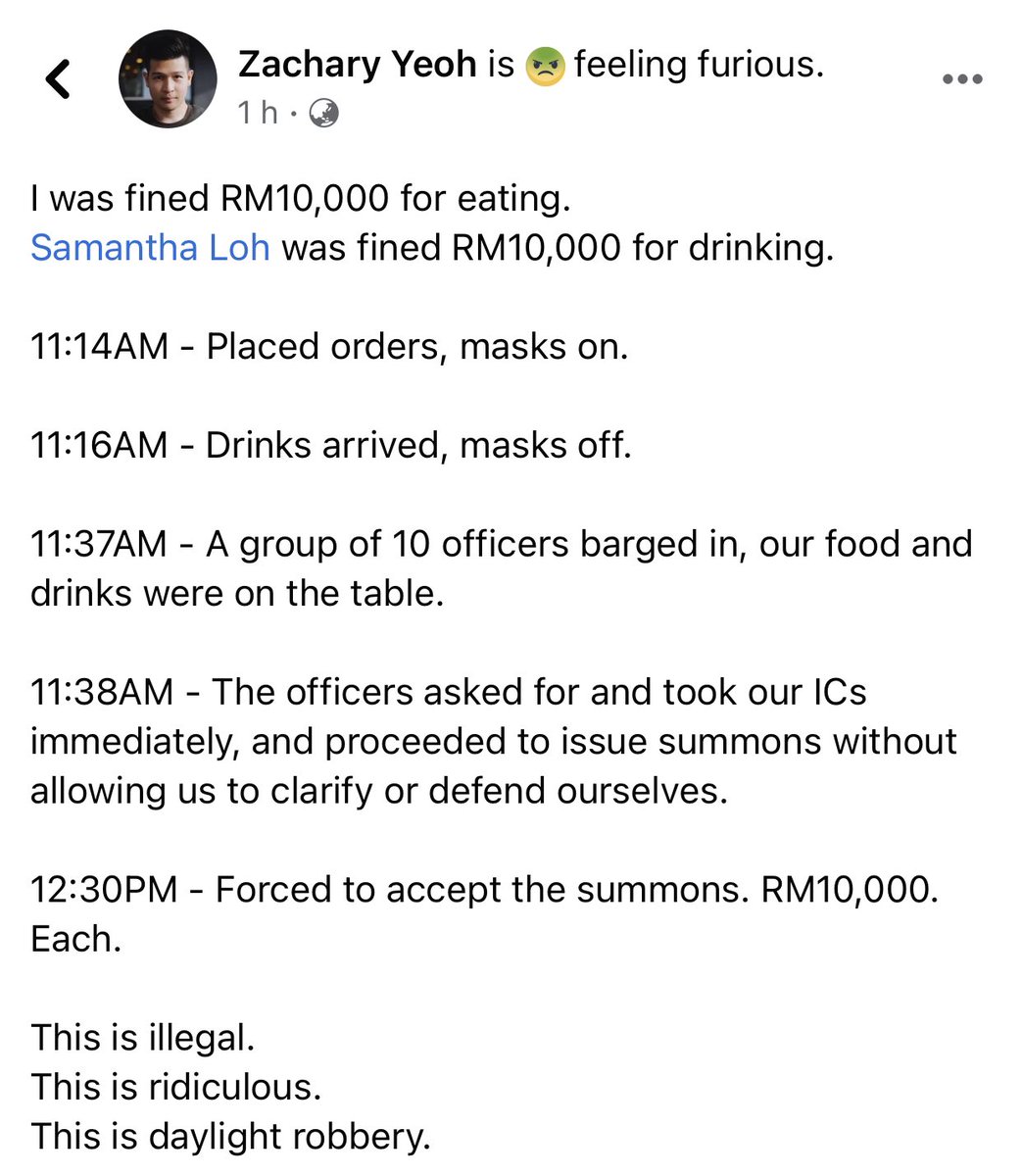LimSiChing's tweet photo. Even Saman RM 1,000 for drinking and eating was ridiculous.

Why are our officers practicing daylight robbery, illegal and ridiculous actions? https://t.co/wgIPIz5cGH