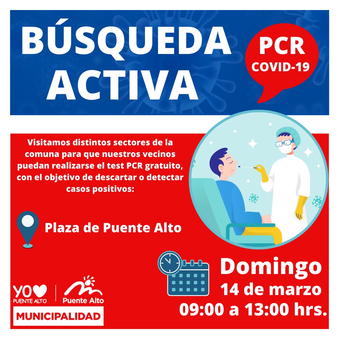 mpuentealto's tweet photo. Este fin de semana seguimos con la búsqueda de casos Covid-19 en Puente Alto. Si necesita tomarse el examen de manera gratuita los esperamos en nuestros #OperativosPCR. Recuerde llevar su cédula de identidad y su permiso temporal que puede obtener en: https://t.co/571kS6ZhYG. https://t.co/LvmFpyawIq