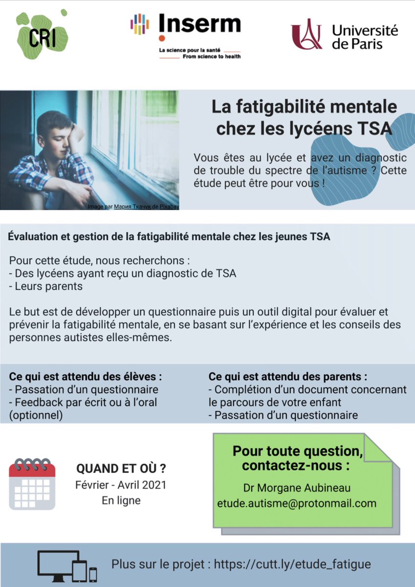 [🔬Recherche en cours : Autisme et fatigue cognitive]
Morgane Aubineau mène actuellement une recherche participative sur le sujet de l’autisme et de la fatigue cognitive chez les adolescents et adultes autistes, au sein du <a href="/criparis/">criparis</a> 
Site : autistic-brain-fatigue.com/pr%C3%A9sentat… 
#Tsa #fatigue