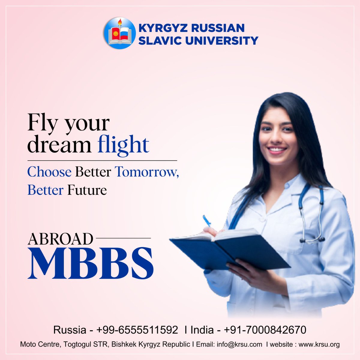 krslavic's tweet photo. Fly your dream flight
Choose Better Tomorrow, Better Future

𝗔𝗕𝗥𝗢𝗔𝗗 𝗠𝗕𝗕𝗦

More details:
☎️Call Now: +99-6555511592, +91-7000842670
📨Email: info@krsu.com
📨Address: Moto Centre, Togtogul STR, Bishkek Kyrgyz Republic

#Bachelor #Degree #MBBS #Study #BachelorDegree https://t.co/61XG5g8IwB