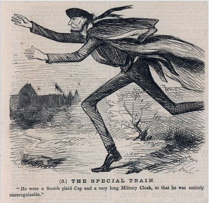 Harper's Weekly cartoon depicting Lincoln's flight through Baltimore. Allan Pinkerton, leading the mission to get Lincoln safely to Washington, disputed the notion that Lincoln was disguised. Check out the full episode for more! 
buff.ly/2F2DxR9
