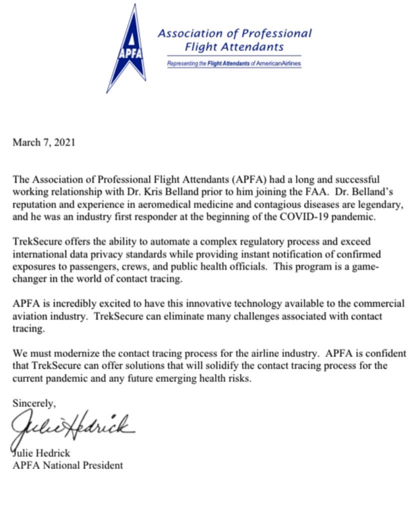 TrekSecure's tweet photo. We are deeply humbled, honored and grateful to the Association of Professional Flight Attendants for their support of @treksecure. APFA represents 25,000 flight attendants at @americanair.
#airlines #flightattendant #protectallworkers #travel #treksecure #notifyme https://t.co/7MUInq34RS