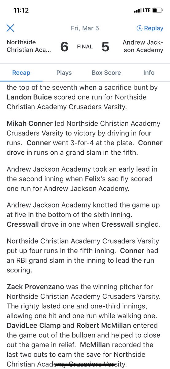 Crusaders Highlights 3/5/2021 vs. Andrew Jackson Academy : 

SP, Max McKenna- 1.1 innings, 
1 ER, 4 BB, 1 SO, 1 H 
Relief, <a href="/Clamplife2023/">DavidLee Clamp</a>- 3.2 innings, 0 ER, 0 BB, 7 SO, 2 H 
<a href="/RMcMillan_10/">Robert McMillan</a> with the save 

<a href="/ConnerMikah/">Mikah Conner</a> 2 singles, Grand Slam, 4 RBIs

NCA: 6 AJA: 5