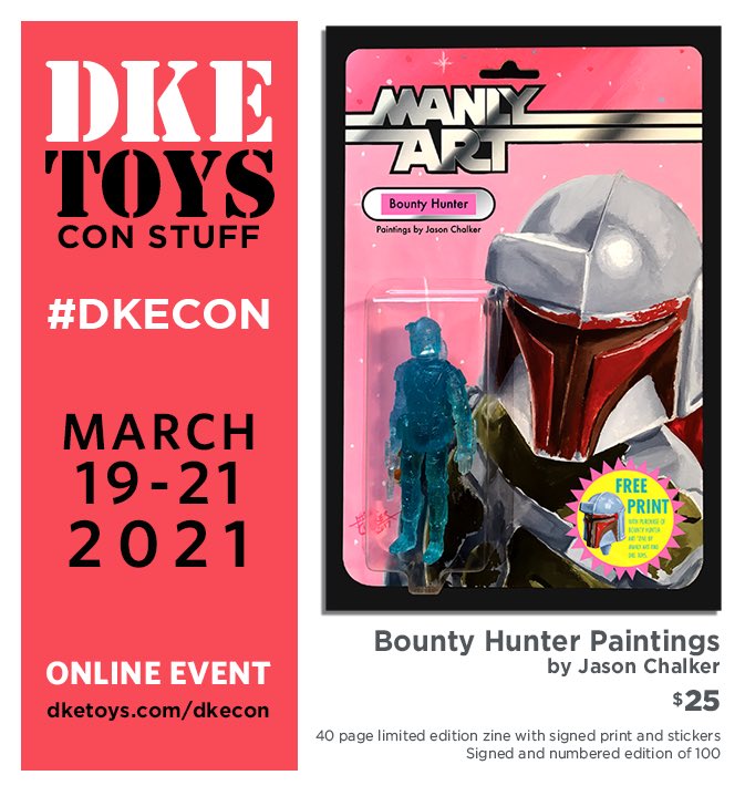 ManlyArt's tweet photo. From DKE Toys - @dketoys First Annual #DKECON March 19-21
https://t.co/fwp9uWf6X3
40 page limited edition zine with signed print and stickers
Signed and numbered edition of 100
$25
This zine reprints all the original Bounty Hunter paintings from SDCC 2017. https://t.co/0w1egwhaGJ