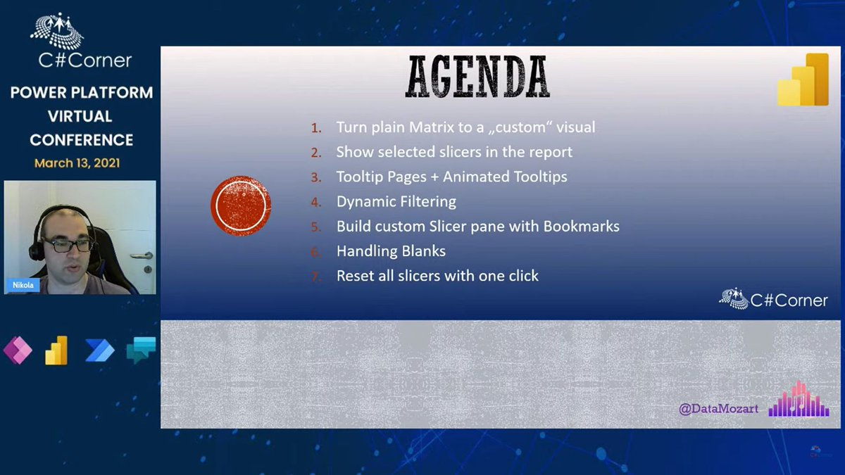 CSharpDotTV's tweet image. C# Corner Power Platform Virtual Conference - Day 5. @DataMozart is live now and talking about Magnificient 7 - Simple Tricks to boost your Power BI Development!

Live streaming&amp;gt;&amp;gt; c-sharpcorner.com/live/

@CsharpCorner #CsharpcornerLive #PowerPlatform #PowerApps #PowerBI