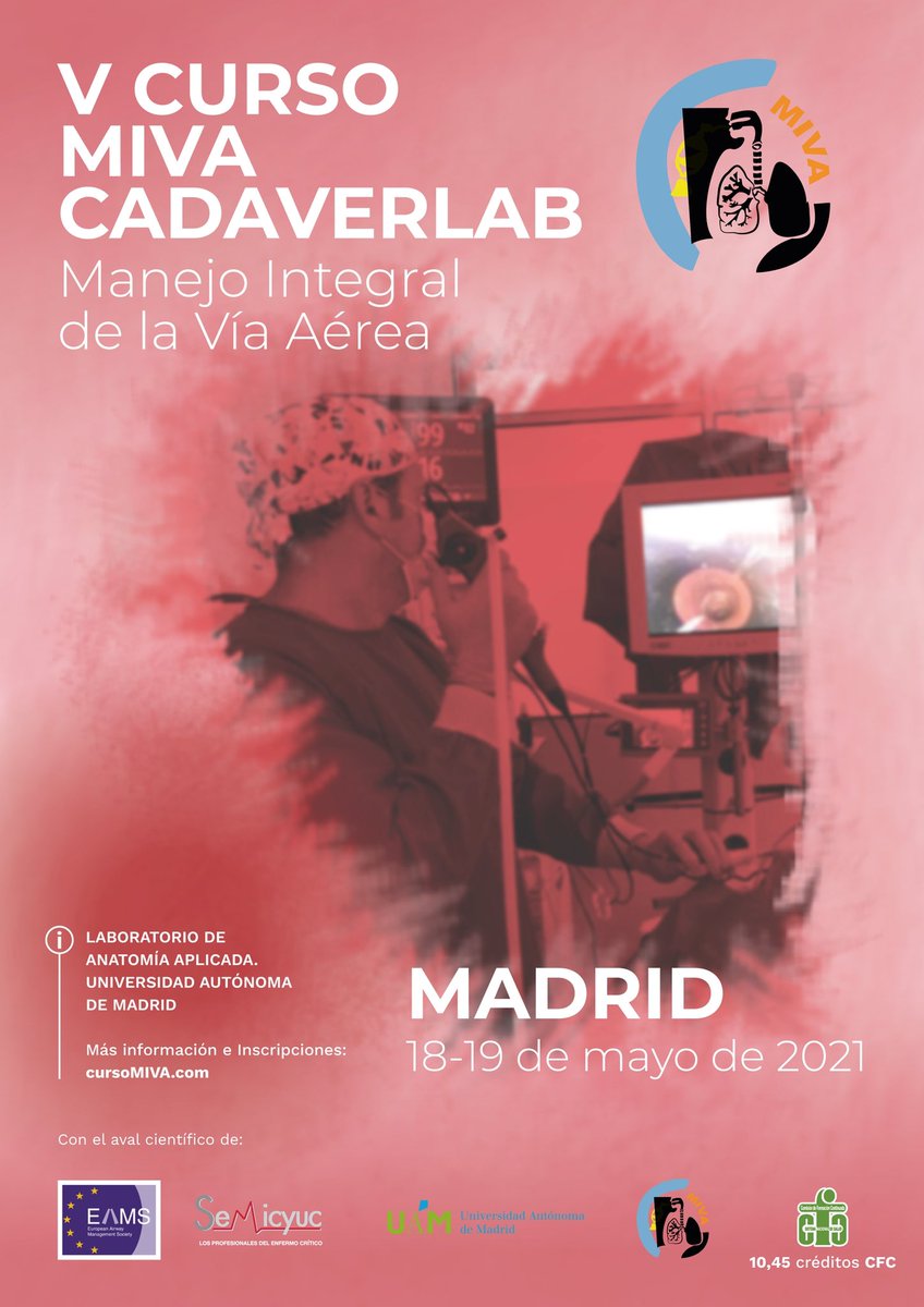 curso_miva's tweet photo. Últimas plazas disponibles para el V CURSO MIVA CADAVERLAB!

 👉🏻 Madrid, 18-19 mayo 2021
👉🏻 10,45 créditos CFC
👉🏻 Aval de @semicyuc y validez europea a través de European Airway Management Society.
👉🏻 https://t.co/WUACQpOdYp https://t.co/GjLW6bu59a