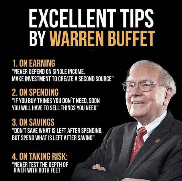 Excellent tips dari Warren Buffet :

On earning :
Usahakan punya multiple income stream

On  spending :
Fokus pd pembelian yg produktif, bukan hanya krn keinginan semata

On saving : 
Begitu terima gaji, sisihkan buat investasi

On taking risk :
Jangan hanya modal nekad

👍👍👇👇