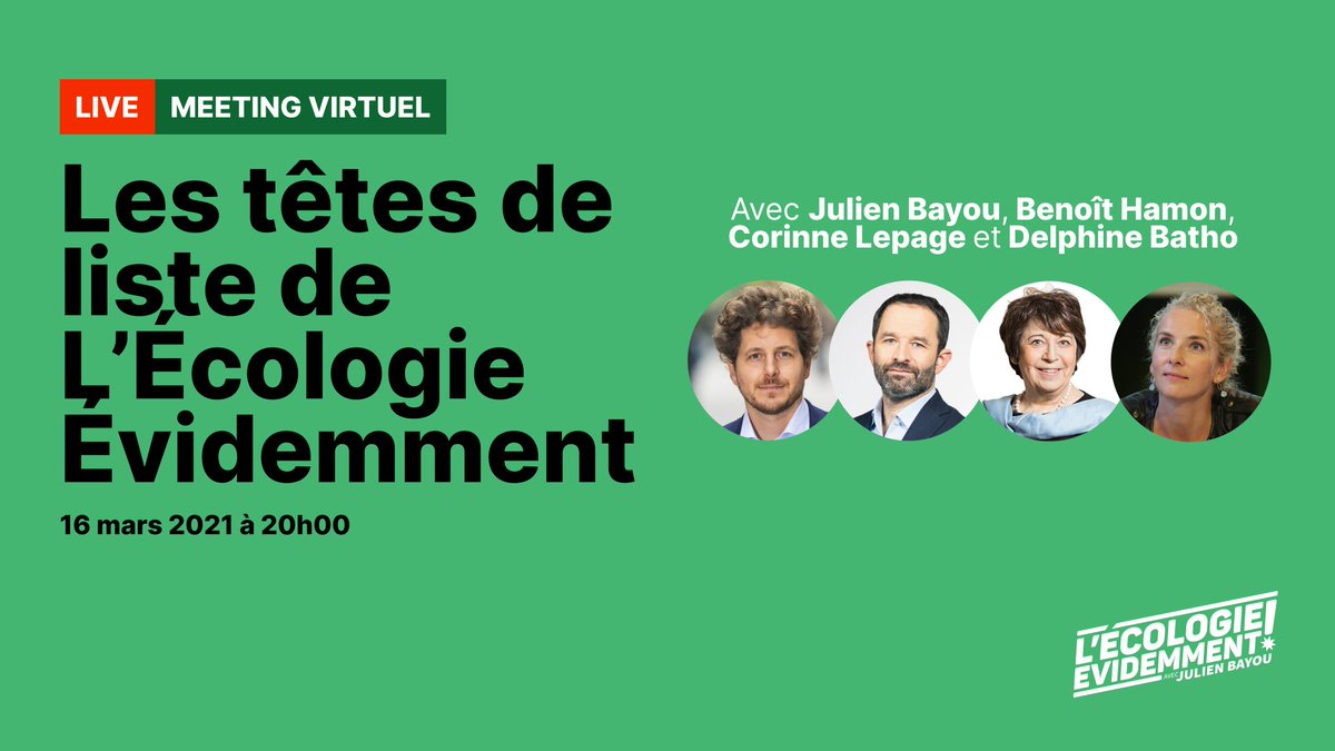 Pour les élections régionales, la famille écologiste est unie autour de <a href="/julienbayou/">Julien Bayou</a>. 8 têtes de liste pour les 8 départements d’#IledeFrance. Nous allons vous les présenter durant un meeting virtuel le mardi 16 mars à 20h.

Inscrivez-vous !👇
meeting16mars.idfecologie.fr