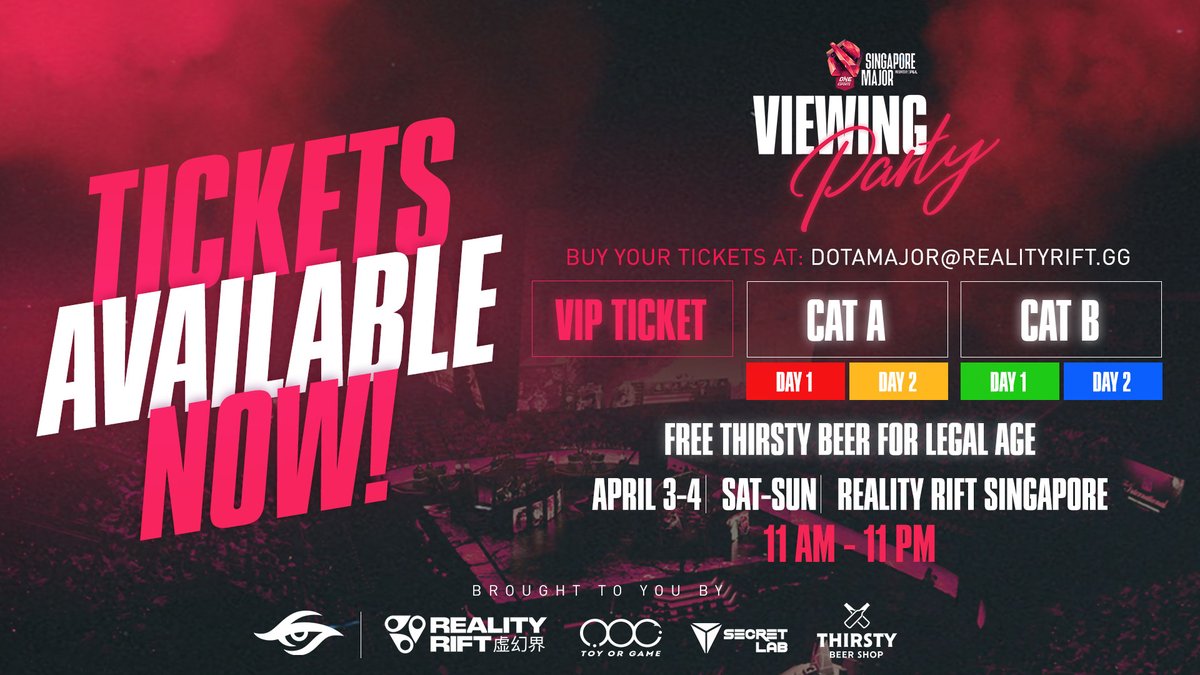 teamsecret's tweet photo. Singapore fans, this is it! 🥳

The tickets for the Singapore Major Viewing Party are now available! Freebies, events and private PCs for gaming on-site, don't miss out 🔥

Find all the infos in the link below:
🔗 https://t.co/yD3whcEFfu

#SingaporeMajor https://t.co/FPNgPJy6aw