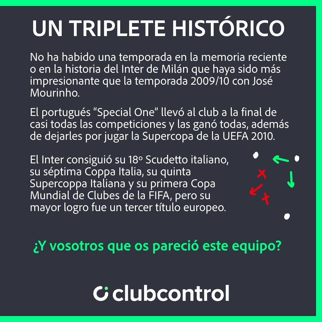 ClubControl_app's tweet image. Continuamos con nuestra sección de #EquiposHistóricos en Clubcontrol.

Hoy veremos algunos datos, información y también el once inicial del Inter de Milán de Mourinho, concretamente el de la temporada 2009/10, el año del triplete. 

¿Qué recordáis de ese equipo?