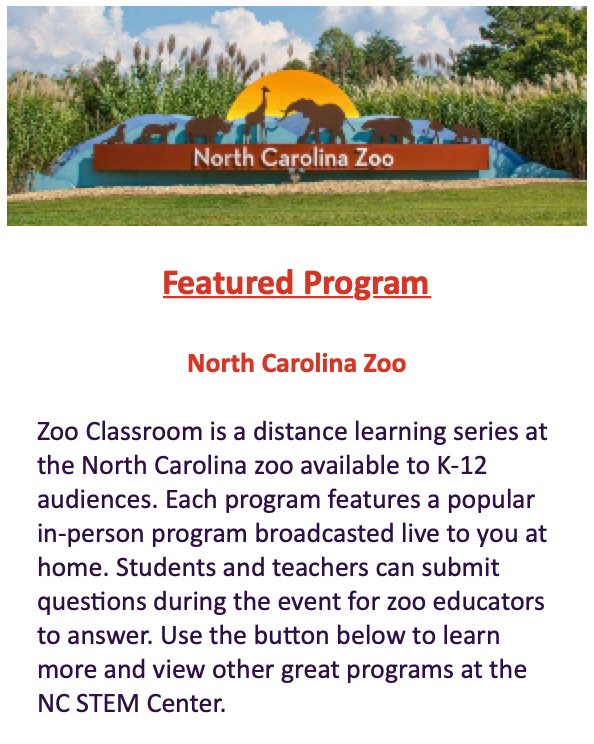 smtcenter's tweet image. Zoo Classroom is a distance learning series at the North Carolina zoo available to K-12 audiences. Each program features a popular in-person program broadcasted live to you at home. buff.ly/3vm3sJo #NCSTEM