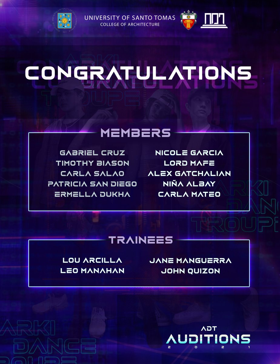 ustarkidt's tweet photo. Results are out, and these players will now move on to the next level!

Are you up for the challenge? Get ready for the next round.
Congratulations to our newest members! Welcome to the team!

Poster by: Anne Manliclic
#AreYouReadyPlayers
#ChooseYourTeam
#ArkiDanceTroupe https://t.co/aNlFIavwZR