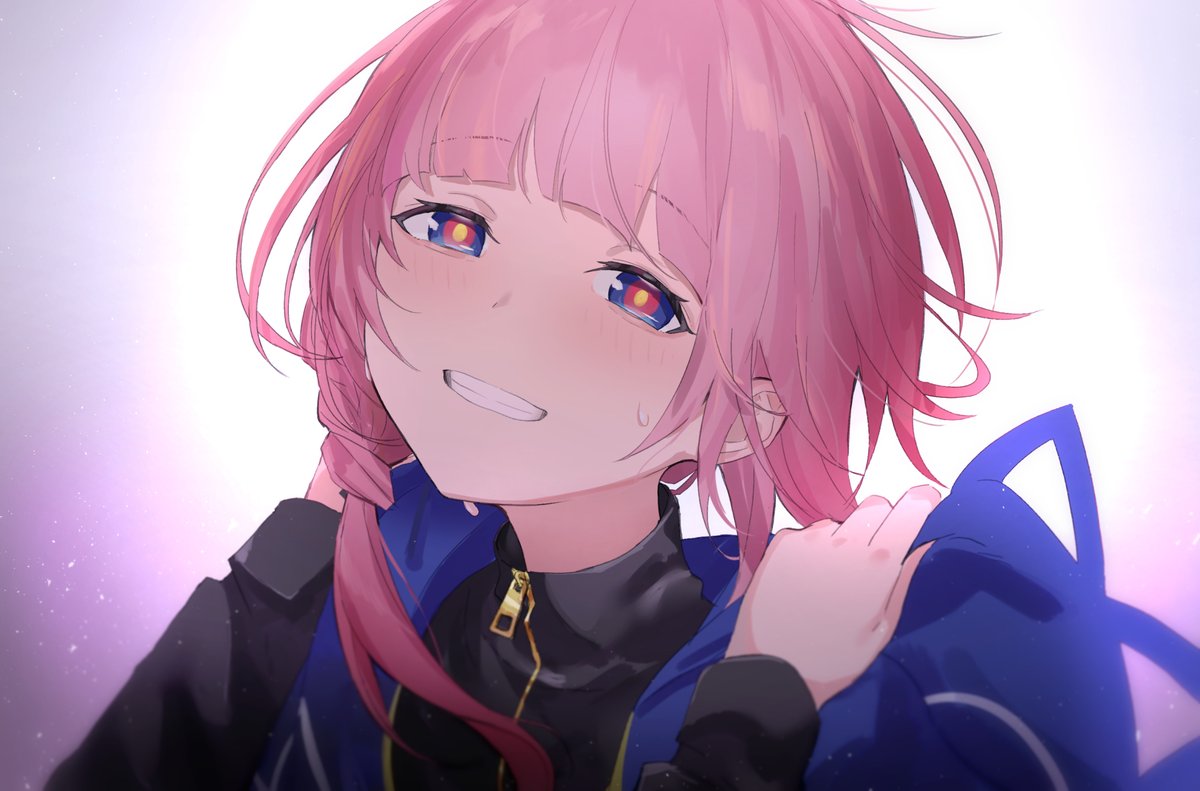 1girl solo pink hair hood smile multicolored eyes looking at viewer  illustration images